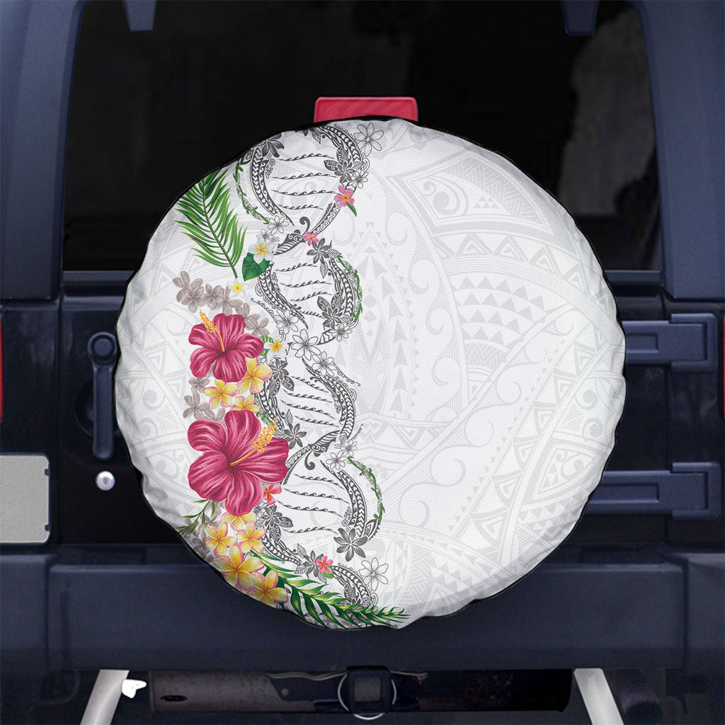 Hawaii DNA Kakau Tattoo Spare Tire Cover with Plumeria and Hibiscus Tropical Plants White Color LT03 No hole White - Polynesian Pride