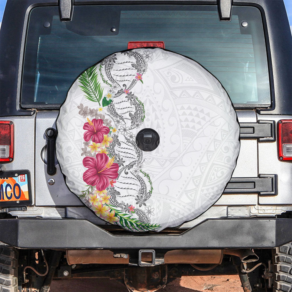 Hawaii DNA Kakau Tattoo Spare Tire Cover with Plumeria and Hibiscus Tropical Plants White Color LT03 White - Polynesian Pride