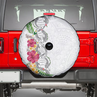Hawaii DNA Kakau Tattoo Spare Tire Cover with Plumeria and Hibiscus Tropical Plants White Color LT03 - Polynesian Pride