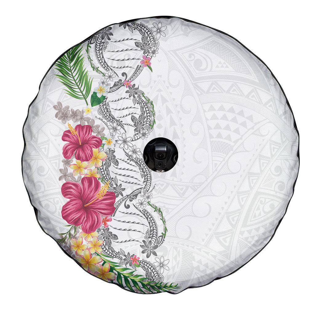 Hawaii DNA Kakau Tattoo Spare Tire Cover with Plumeria and Hibiscus Tropical Plants White Color LT03 - Polynesian Pride