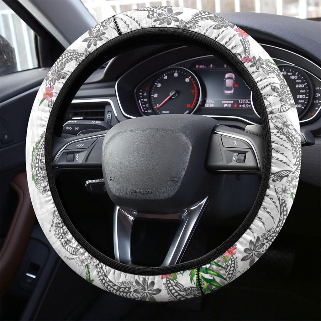 Hawaii DNA Kakau Tattoo Steering Wheel Cover with Plumeria and Hibiscus Tropical Plants White Color LT03 - Polynesian Pride