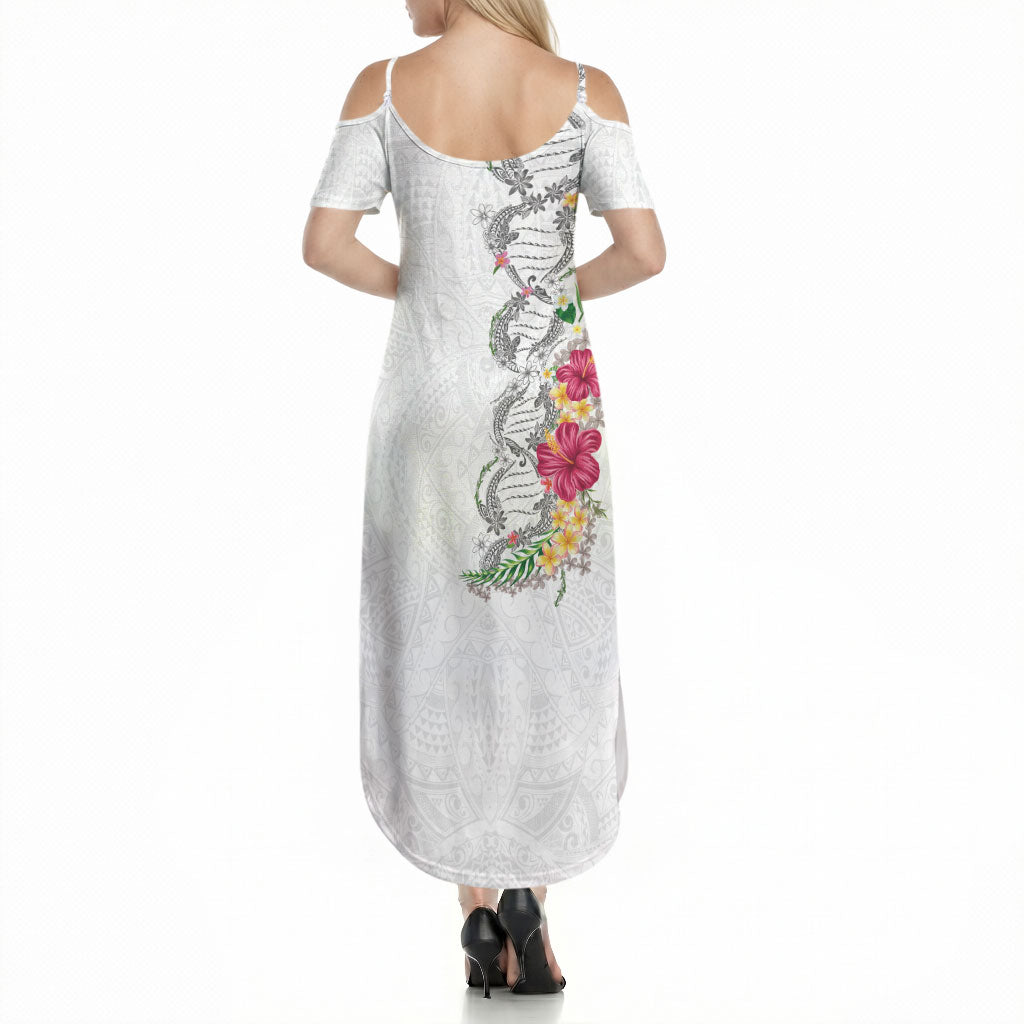 Hawaii DNA Kakau Tattoo Summer Maxi Dress with Plumeria and Hibiscus Tropical Plants White Color LT03 - Polynesian Pride