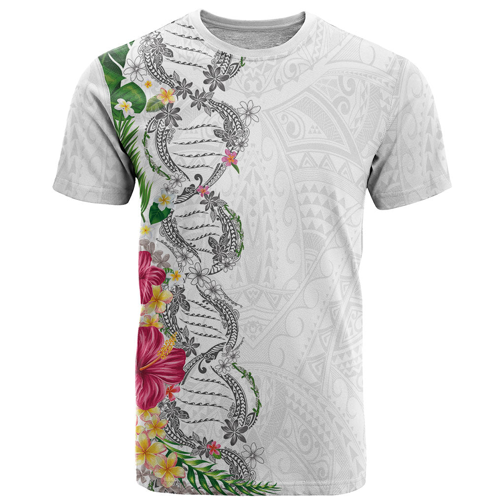 Hawaii DNA Kakau Tattoo T Shirt with Plumeria and Hibiscus Tropical Plants White Color LT03 White - Polynesian Pride