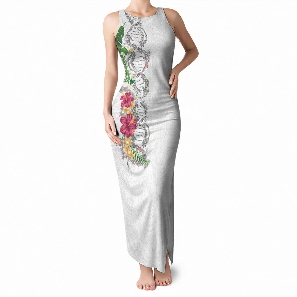 Hawaii DNA Kakau Tattoo Tank Maxi Dress with Plumeria and Hibiscus Tropical Plants White Color LT03 Women White - Polynesian Pride