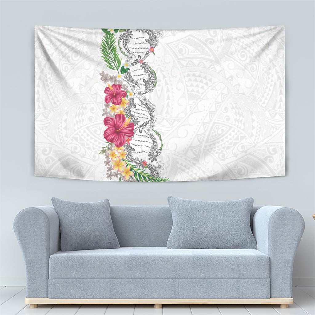 Hawaii DNA Kakau Tattoo Tapestry with Plumeria and Hibiscus Tropical Plants White Color LT03 - Polynesian Pride