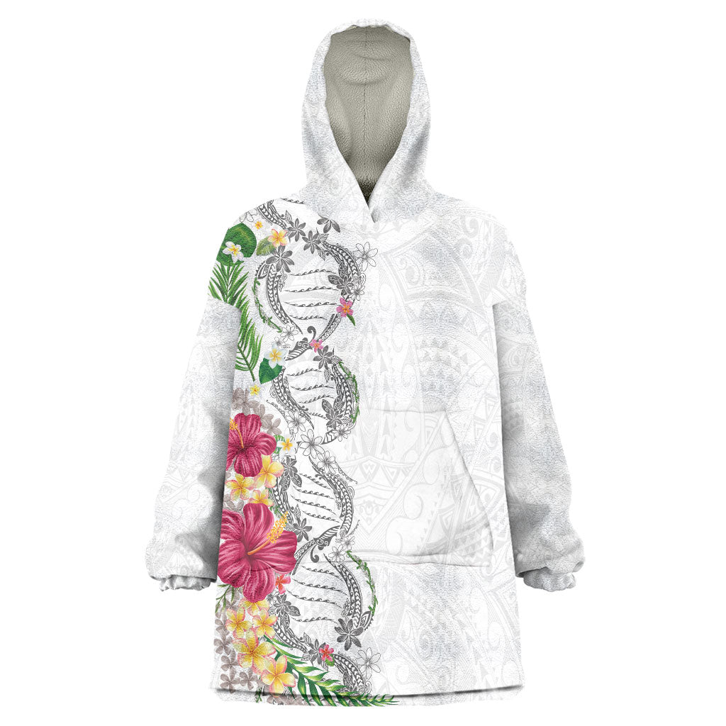 Hawaii DNA Kakau Tattoo Wearable Blanket Hoodie with Plumeria and Hibiscus Tropical Plants White Color LT03 One Size White - Polynesian Pride