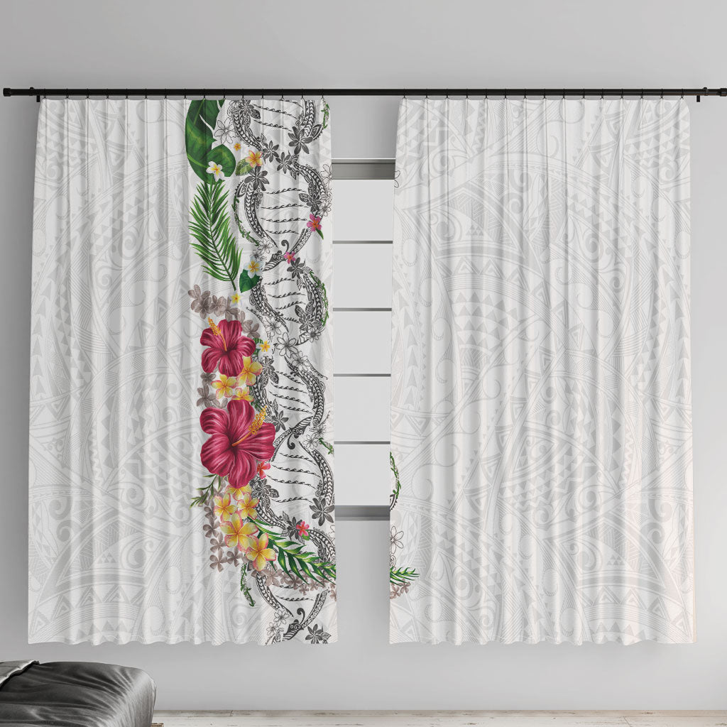 Hawaii DNA Kakau Tattoo Window Curtain with Plumeria and Hibiscus Tropical Plants White Color LT03 With Hooks White - Polynesian Pride