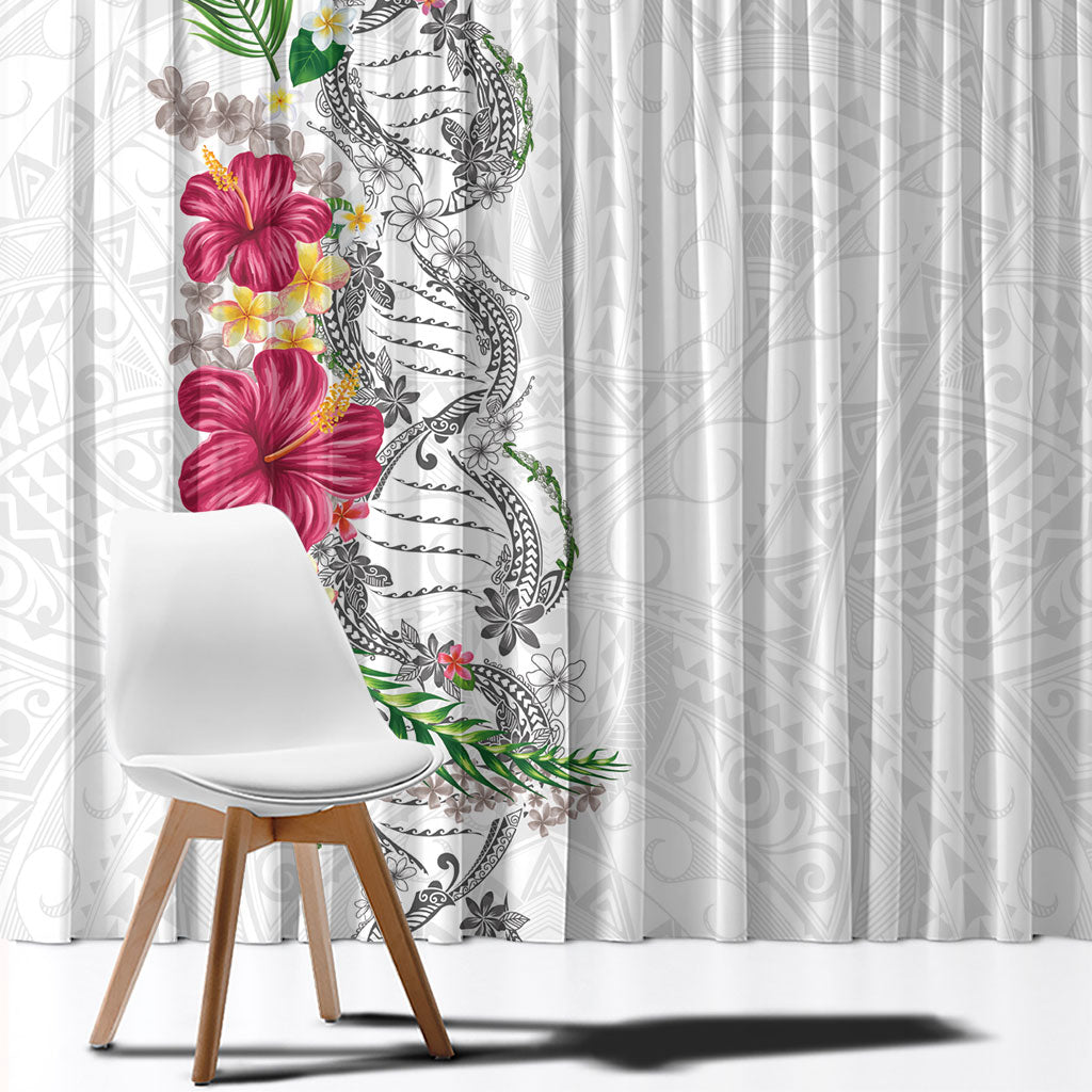 Hawaii DNA Kakau Tattoo Window Curtain with Plumeria and Hibiscus Tropical Plants White Color LT03 - Polynesian Pride