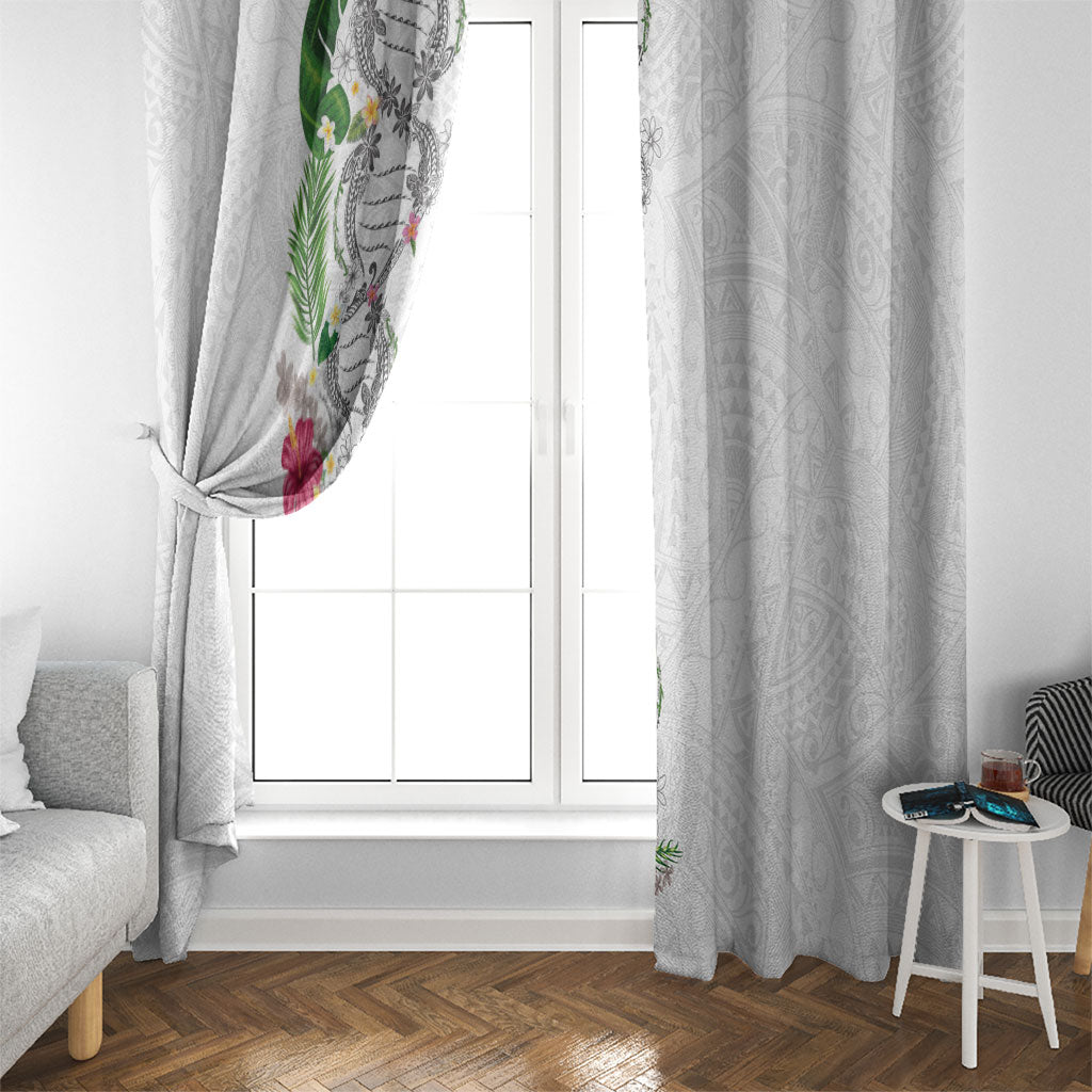 Hawaii DNA Kakau Tattoo Window Curtain with Plumeria and Hibiscus Tropical Plants White Color LT03 - Polynesian Pride
