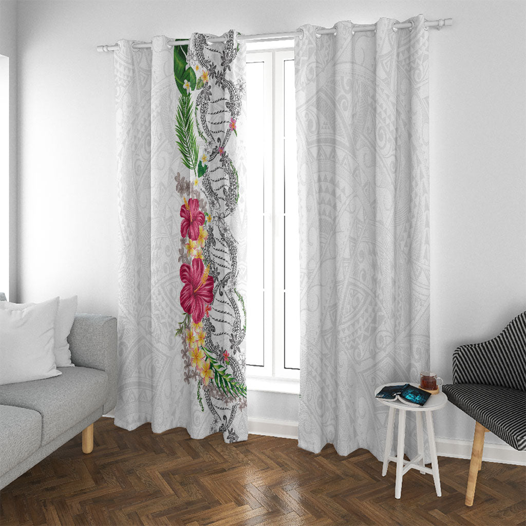 Hawaii DNA Kakau Tattoo Window Curtain with Plumeria and Hibiscus Tropical Plants White Color LT03 With Grommets White - Polynesian Pride