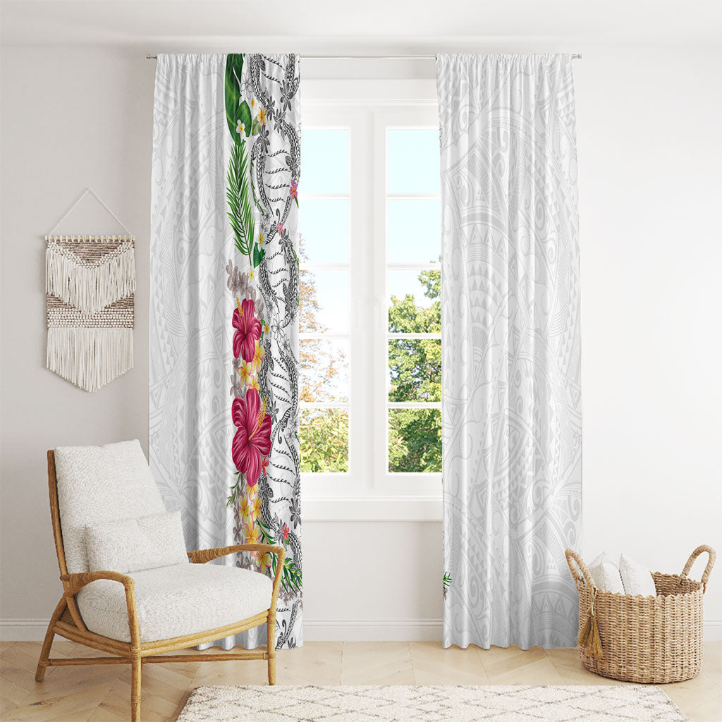 Hawaii DNA Kakau Tattoo Window Curtain with Plumeria and Hibiscus Tropical Plants White Color LT03 - Polynesian Pride