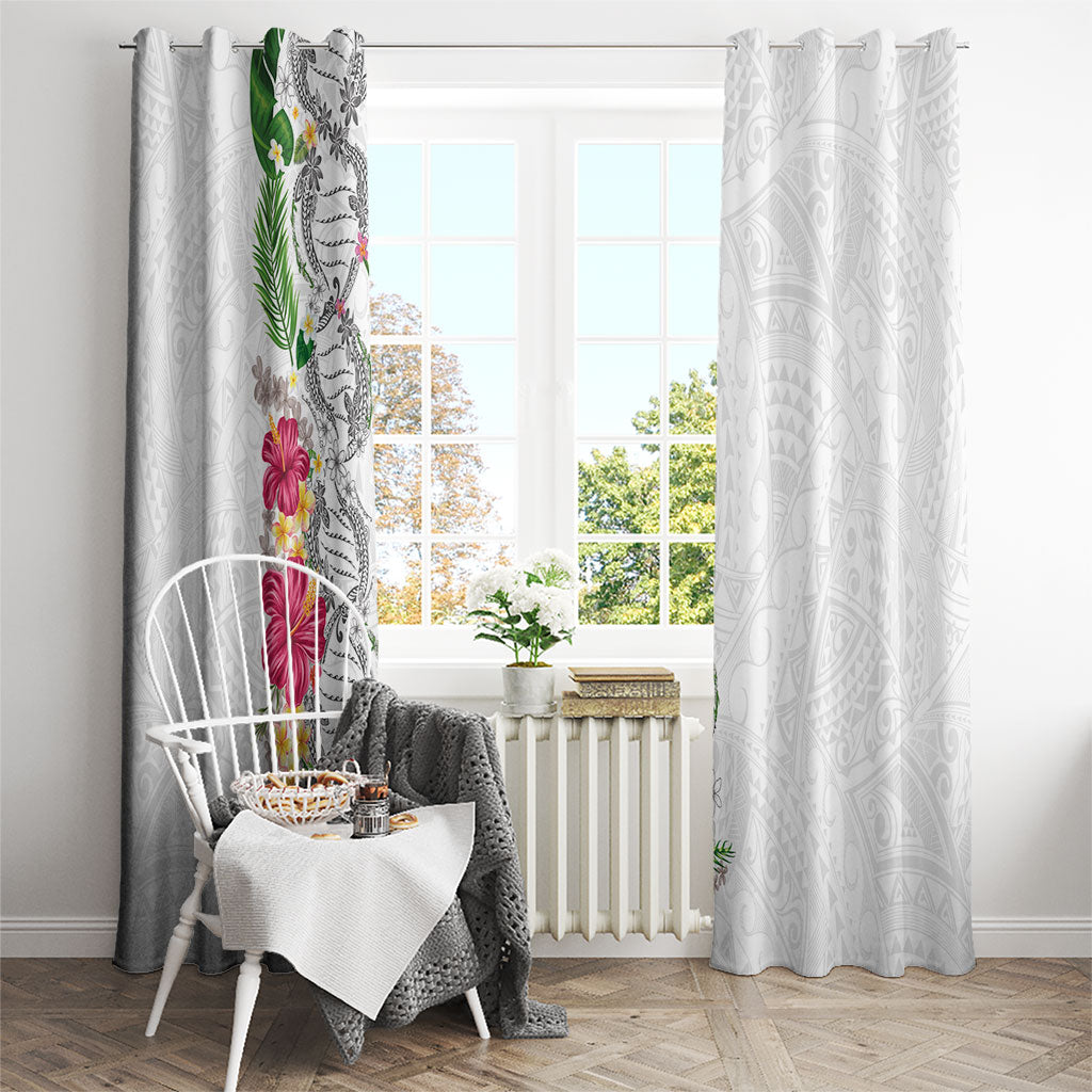 Hawaii DNA Kakau Tattoo Window Curtain with Plumeria and Hibiscus Tropical Plants White Color LT03 - Polynesian Pride