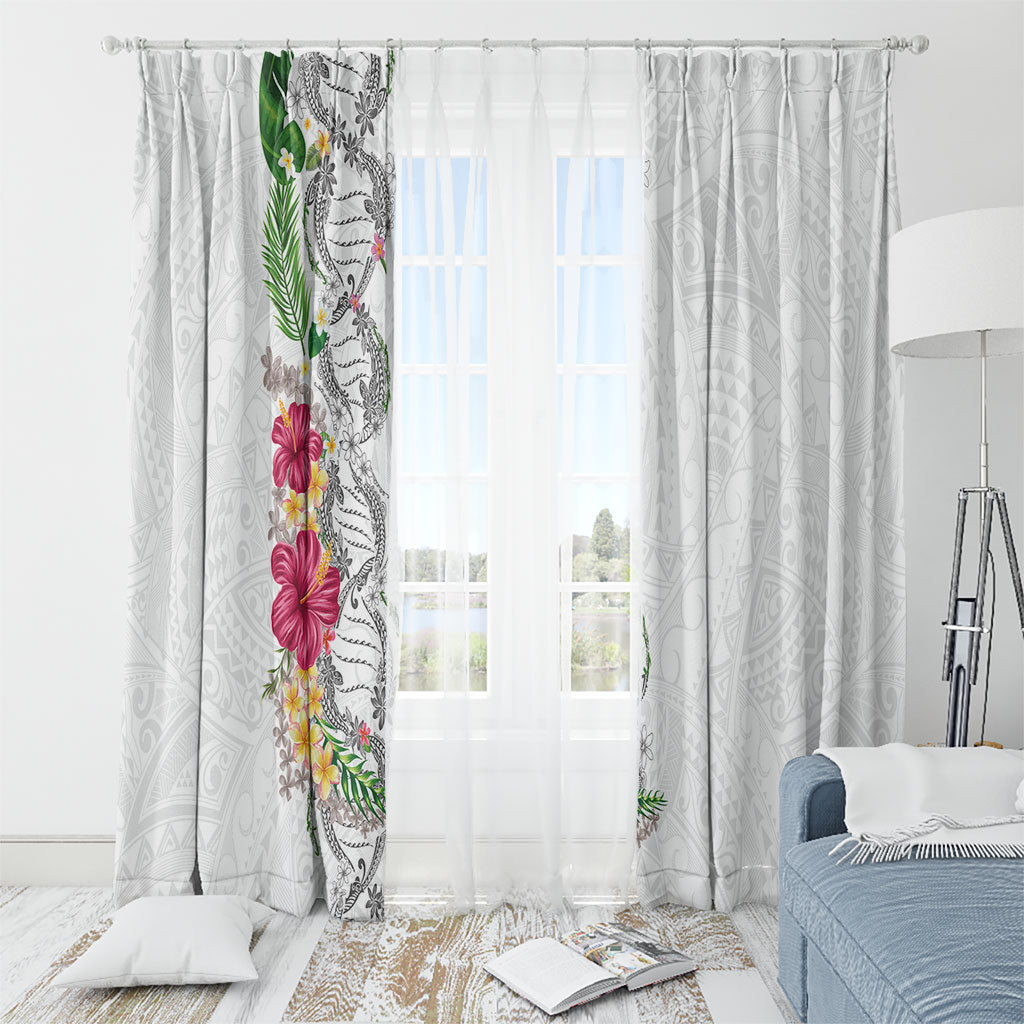 Hawaii DNA Kakau Tattoo Window Curtain with Plumeria and Hibiscus Tropical Plants White Color LT03 - Polynesian Pride