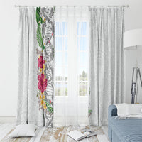 Hawaii DNA Kakau Tattoo Window Curtain with Plumeria and Hibiscus Tropical Plants White Color LT03 - Polynesian Pride