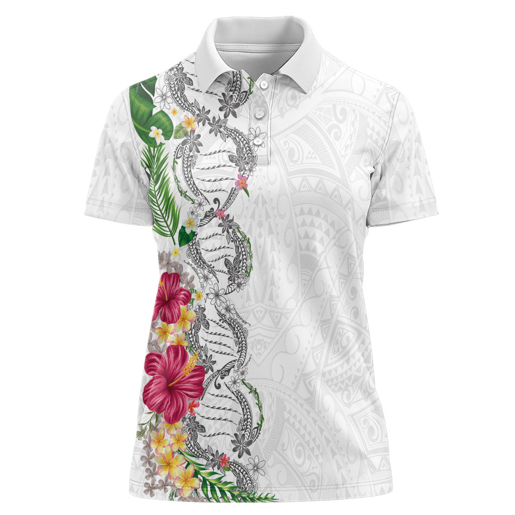Hawaii DNA Kakau Tattoo Women Polo Shirt with Plumeria and Hibiscus Tropical Plants White Color LT03 Female White - Polynesian Pride