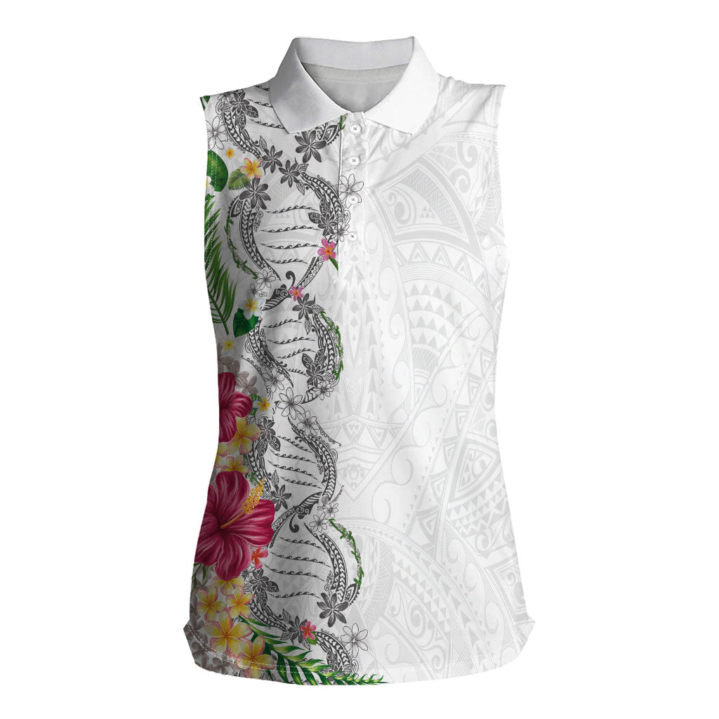 Hawaii DNA Kakau Tattoo Women Sleeveless Polo Shirt with Plumeria and Hibiscus Tropical Plants White Color LT03 Female White - Polynesian Pride