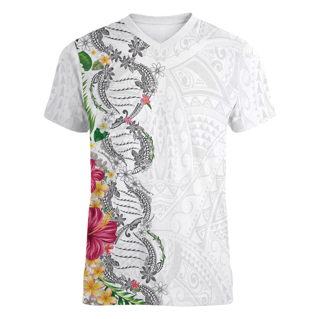 Hawaii DNA Kakau Tattoo Women V-Neck T-Shirt with Plumeria and Hibiscus Tropical Plants White Color LT03 Female White - Polynesian Pride