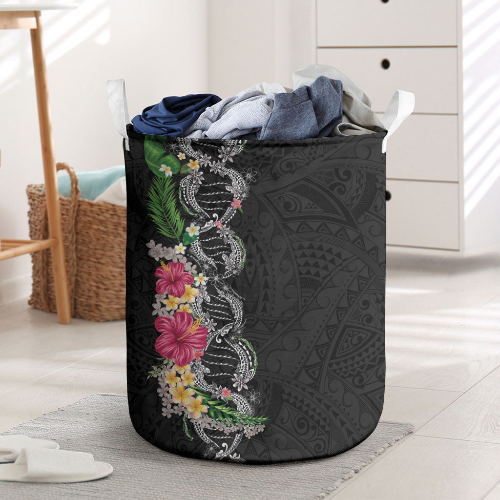 Hawaii DNA Kakau Tattoo Laundry Basket with Plumeria and Hibiscus Tropical Plants Black Color LT03 Black - Polynesian Pride