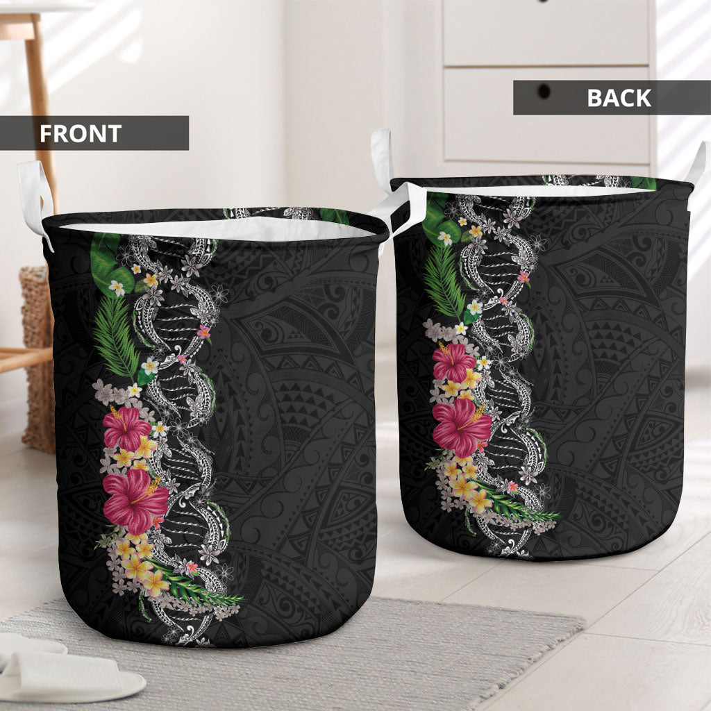 Hawaii DNA Kakau Tattoo Laundry Basket with Plumeria and Hibiscus Tropical Plants Black Color LT03 - Polynesian Pride