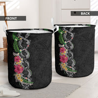 Hawaii DNA Kakau Tattoo Laundry Basket with Plumeria and Hibiscus Tropical Plants Black Color LT03 - Polynesian Pride