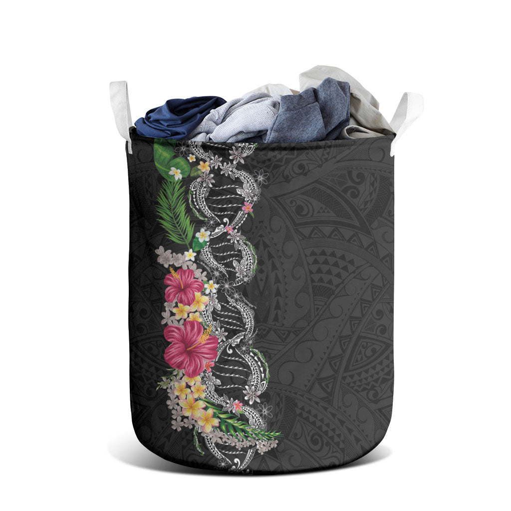 Hawaii DNA Kakau Tattoo Laundry Basket with Plumeria and Hibiscus Tropical Plants Black Color LT03 - Polynesian Pride