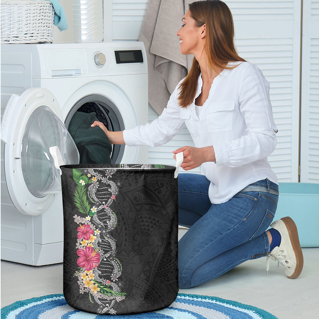 Hawaii DNA Kakau Tattoo Laundry Basket with Plumeria and Hibiscus Tropical Plants Black Color LT03 - Polynesian Pride