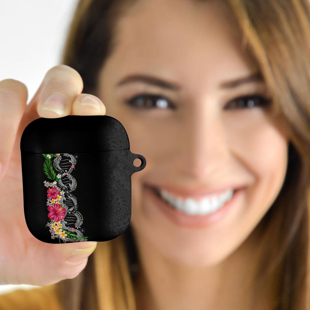 Hawaii DNA Kakau Tattoo AirPods Case with Plumeria and Hibiscus Tropical Plants Black Color LT03 - Polynesian Pride