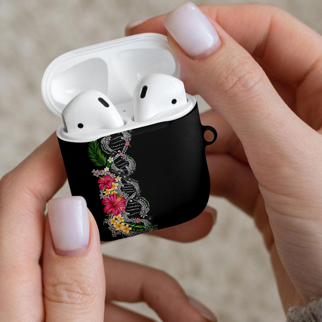 Hawaii DNA Kakau Tattoo AirPods Case with Plumeria and Hibiscus Tropical Plants Black Color LT03 - Polynesian Pride