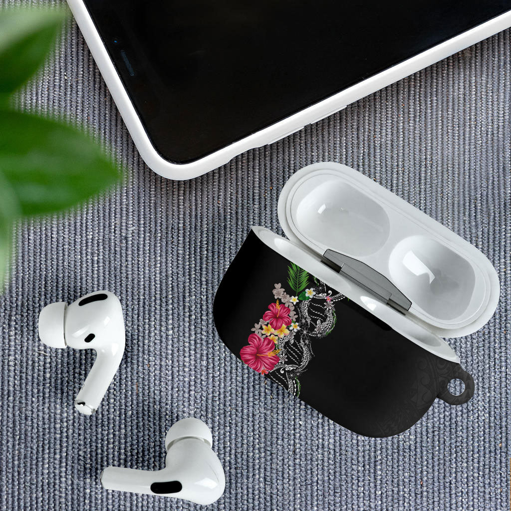 Hawaii DNA Kakau Tattoo AirPods Case with Plumeria and Hibiscus Tropical Plants Black Color LT03 - Polynesian Pride