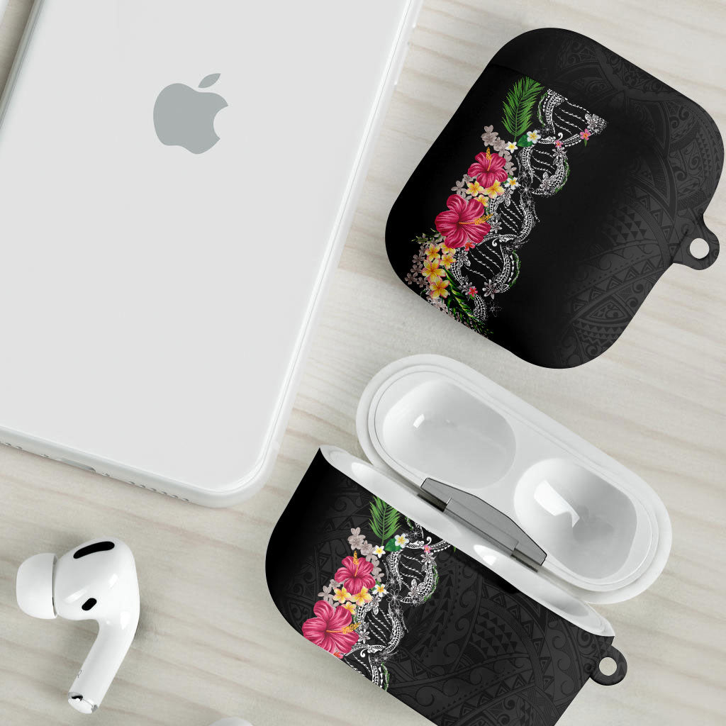Hawaii DNA Kakau Tattoo AirPods Case with Plumeria and Hibiscus Tropical Plants Black Color LT03 - Polynesian Pride