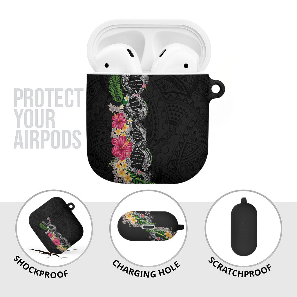 Hawaii DNA Kakau Tattoo AirPods Case with Plumeria and Hibiscus Tropical Plants Black Color LT03 - Polynesian Pride