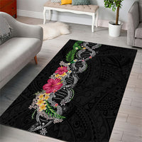 Hawaii DNA Kakau Tattoo Area Rug with Plumeria and Hibiscus Tropical Plants Black Color LT03 - Polynesian Pride
