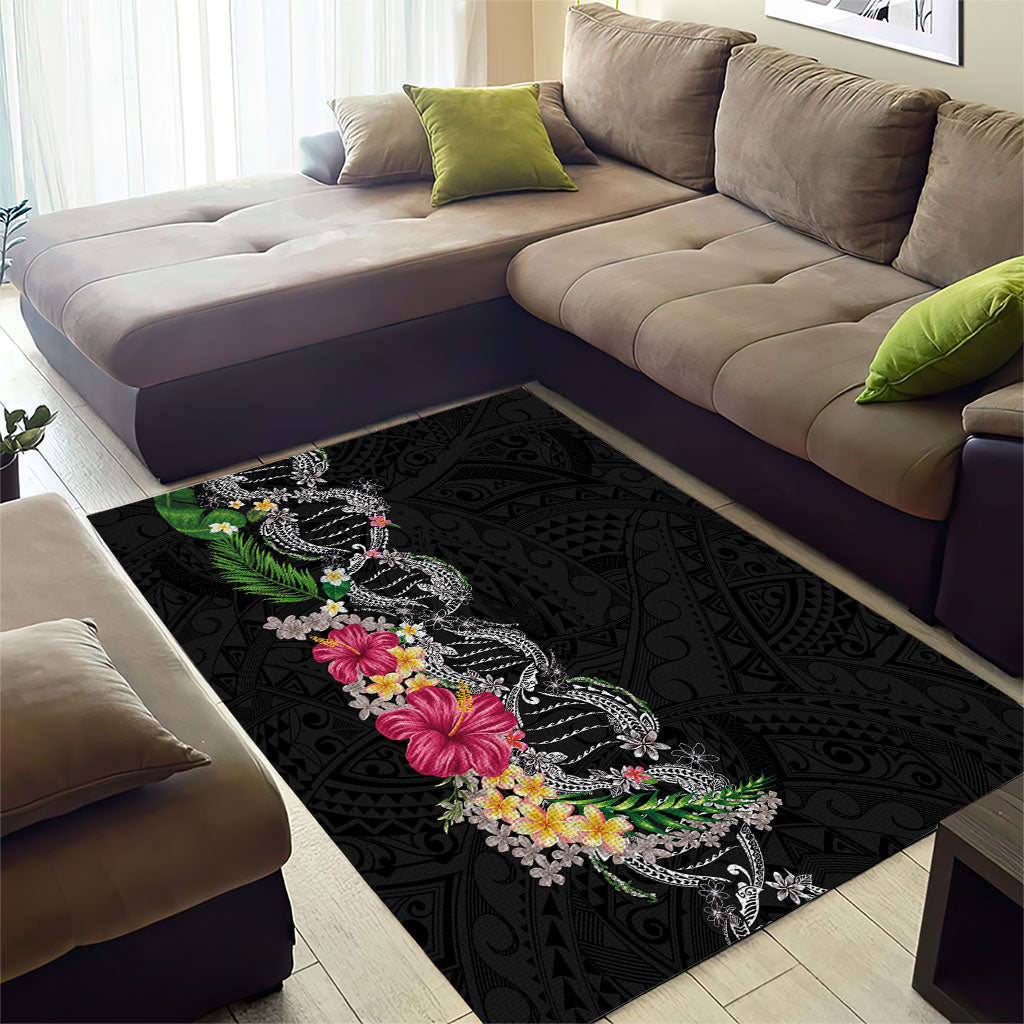 Hawaii DNA Kakau Tattoo Area Rug with Plumeria and Hibiscus Tropical Plants Black Color LT03 - Polynesian Pride