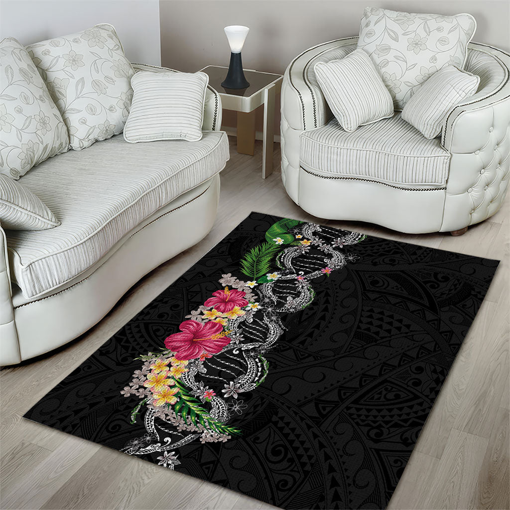 Hawaii DNA Kakau Tattoo Area Rug with Plumeria and Hibiscus Tropical Plants Black Color LT03 - Polynesian Pride