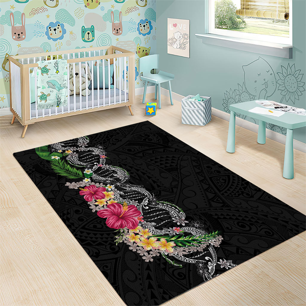Hawaii DNA Kakau Tattoo Area Rug with Plumeria and Hibiscus Tropical Plants Black Color LT03 - Polynesian Pride