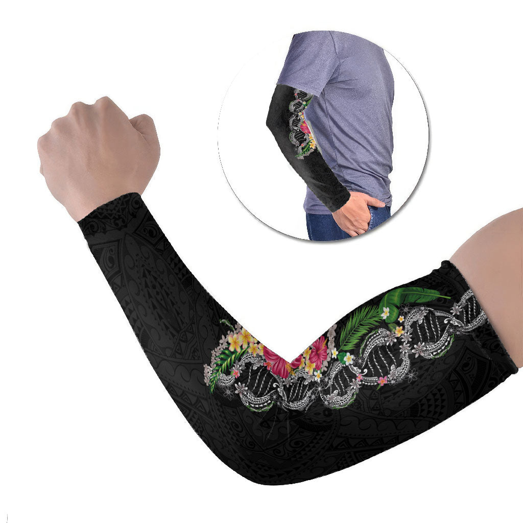 Hawaii DNA Kakau Tattoo Arm Sleeves with Plumeria and Hibiscus Tropical Plants Black Color LT03 Set of 2 Black - Polynesian Pride