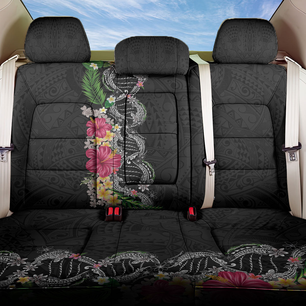 Hawaii DNA Kakau Tattoo Back Car Seat Cover with Plumeria and Hibiscus Tropical Plants Black Color LT03 One Size Black - Polynesian Pride