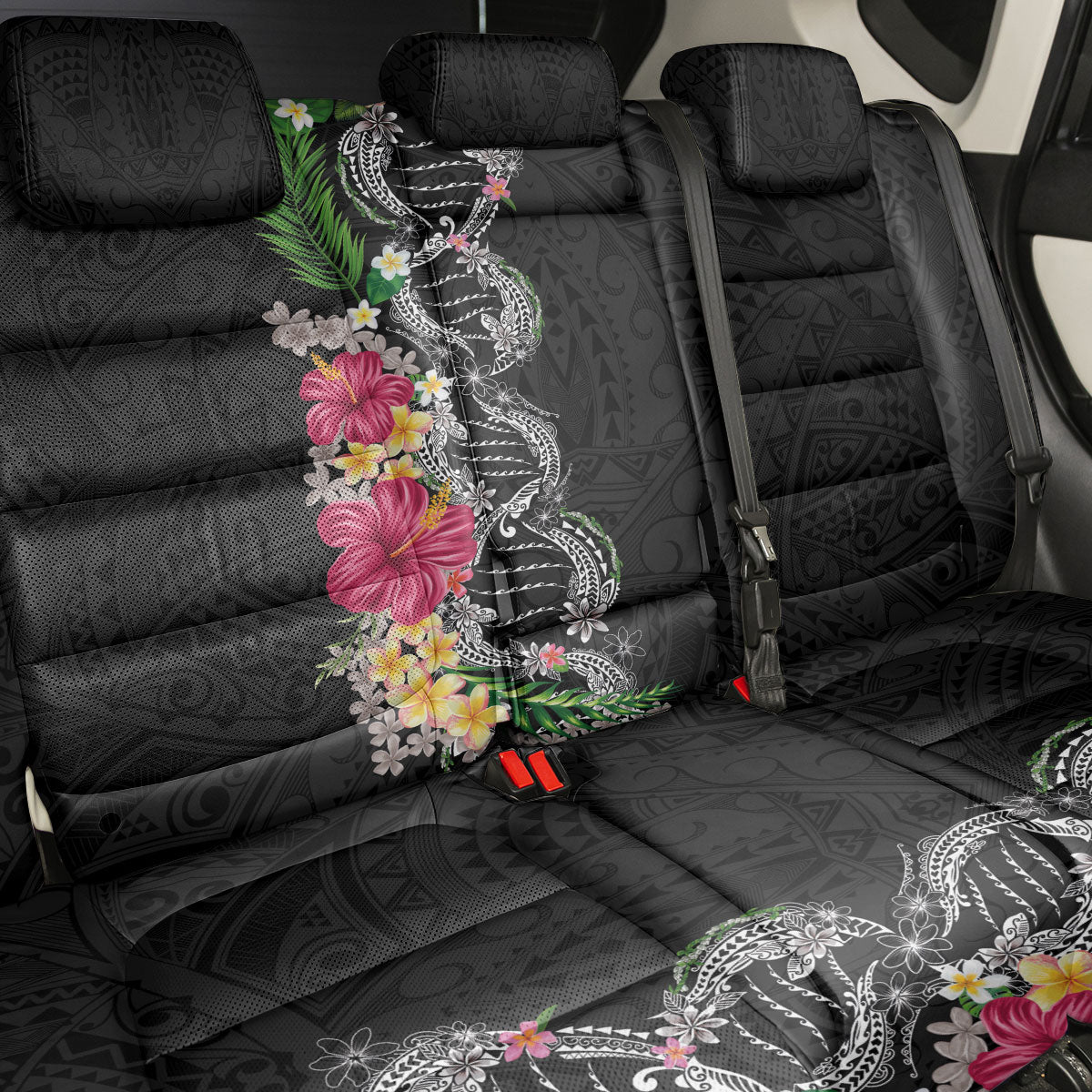 Hawaii DNA Kakau Tattoo Back Car Seat Cover with Plumeria and Hibiscus Tropical Plants Black Color LT03 - Polynesian Pride