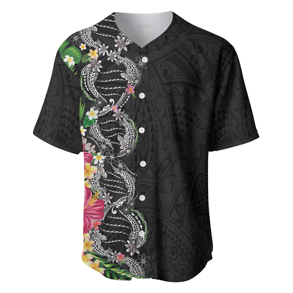Hawaii DNA Kakau Tattoo Baseball Jersey with Plumeria and Hibiscus Tropical Plants Black Color LT03 Black - Polynesian Pride
