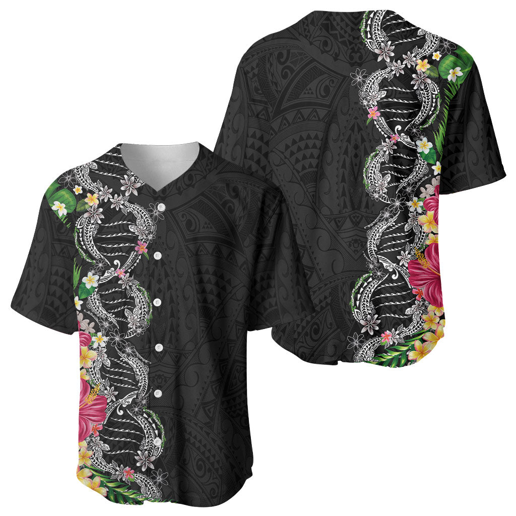 Hawaii DNA Kakau Tattoo Baseball Jersey with Plumeria and Hibiscus Tropical Plants Black Color