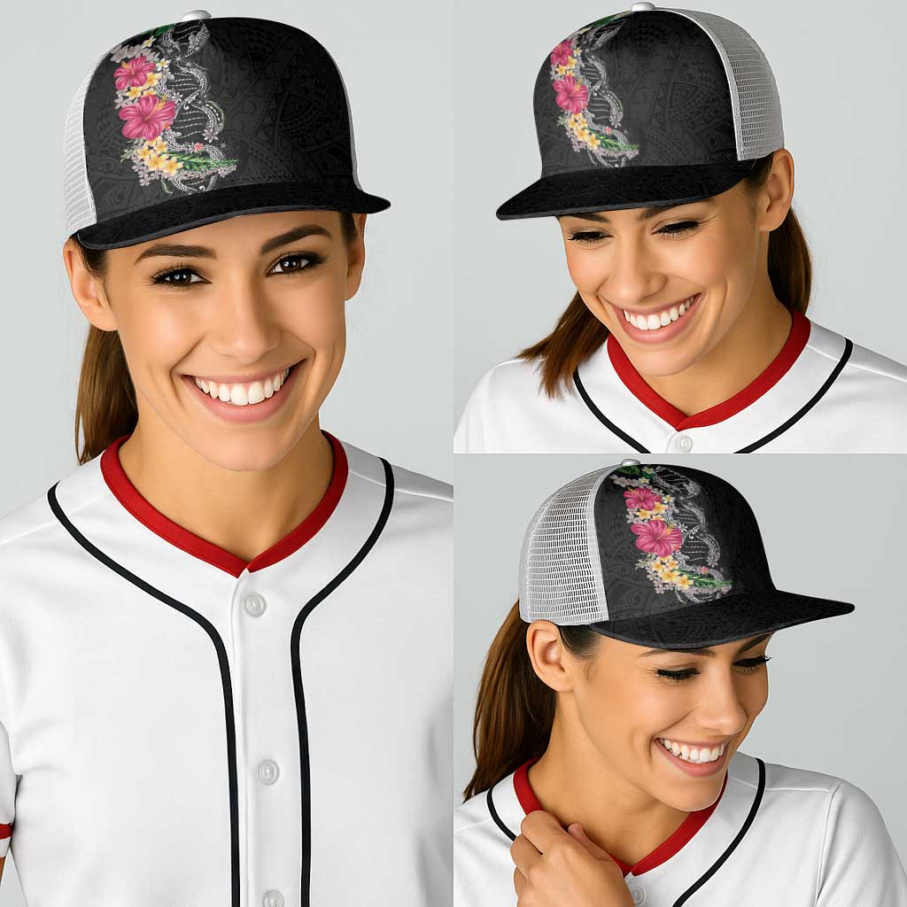 Hawaii DNA Kakau Tattoo Baseball Net Cap with Plumeria and Hibiscus Tropical Plants Black Color LT03 - Polynesian Pride