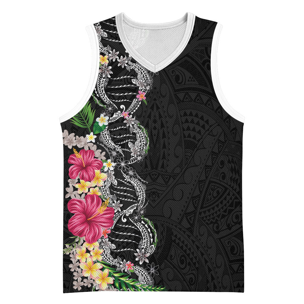 Hawaii DNA Kakau Tattoo Basketball Jersey with Plumeria and Hibiscus Tropical Plants Black Color LT03 Unisex Black - Polynesian Pride