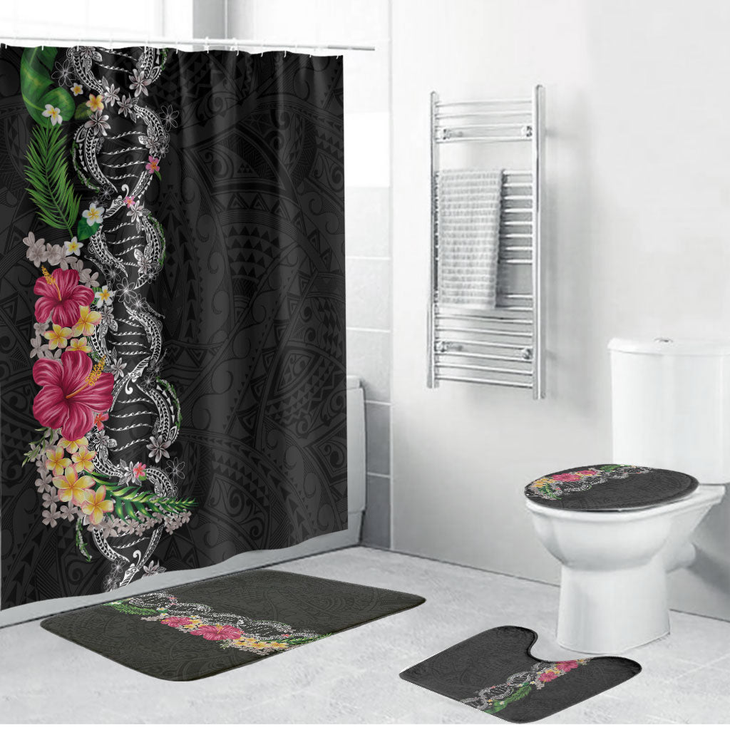 Hawaii DNA Kakau Tattoo Bathroom Set with Plumeria and Hibiscus Tropical Plants Black Color LT03 Bathroom Set (4 pcs) Black - Polynesian Pride