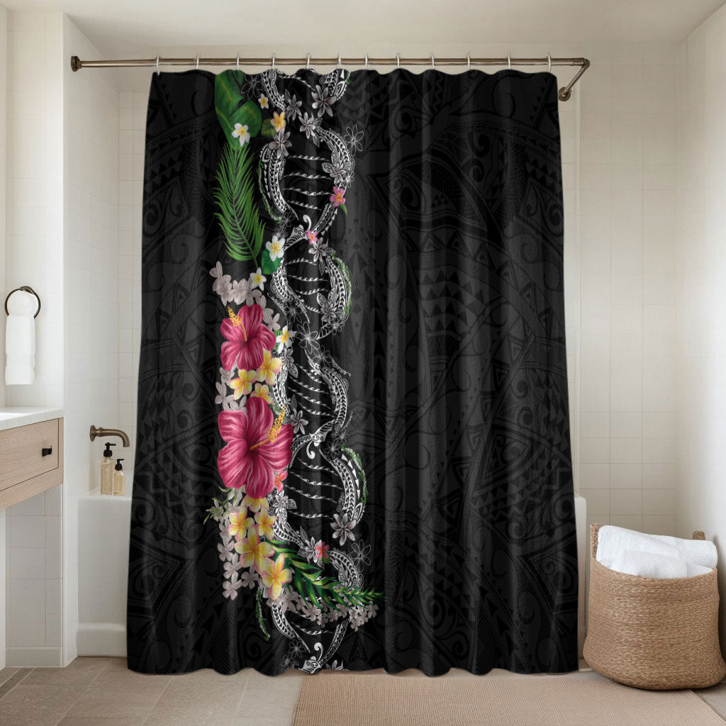 Hawaii DNA Kakau Tattoo Bathroom Set with Plumeria and Hibiscus Tropical Plants Black Color LT03 Shower Curtain Only Black - Polynesian Pride