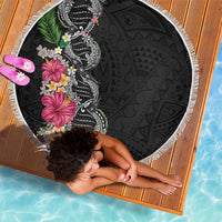 Hawaii DNA Kakau Tattoo Beach Blanket with Plumeria and Hibiscus Tropical Plants Black Color LT03 - Polynesian Pride