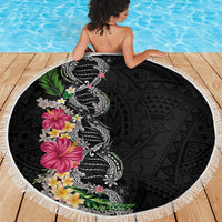 Hawaii DNA Kakau Tattoo Beach Blanket with Plumeria and Hibiscus Tropical Plants Black Color LT03 - Polynesian Pride