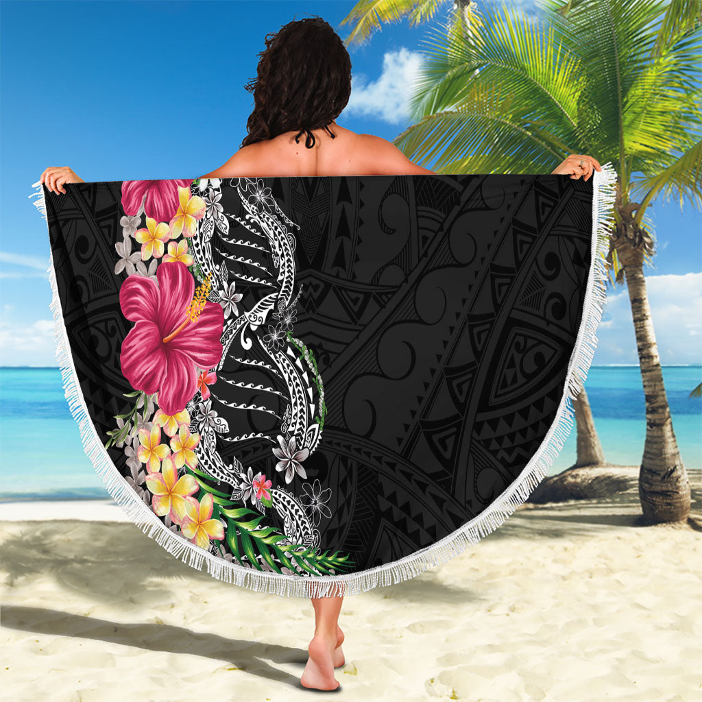 Hawaii DNA Kakau Tattoo Beach Blanket with Plumeria and Hibiscus Tropical Plants Black Color LT03 - Polynesian Pride