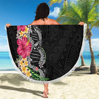 Hawaii DNA Kakau Tattoo Beach Blanket with Plumeria and Hibiscus Tropical Plants Black Color LT03 - Polynesian Pride