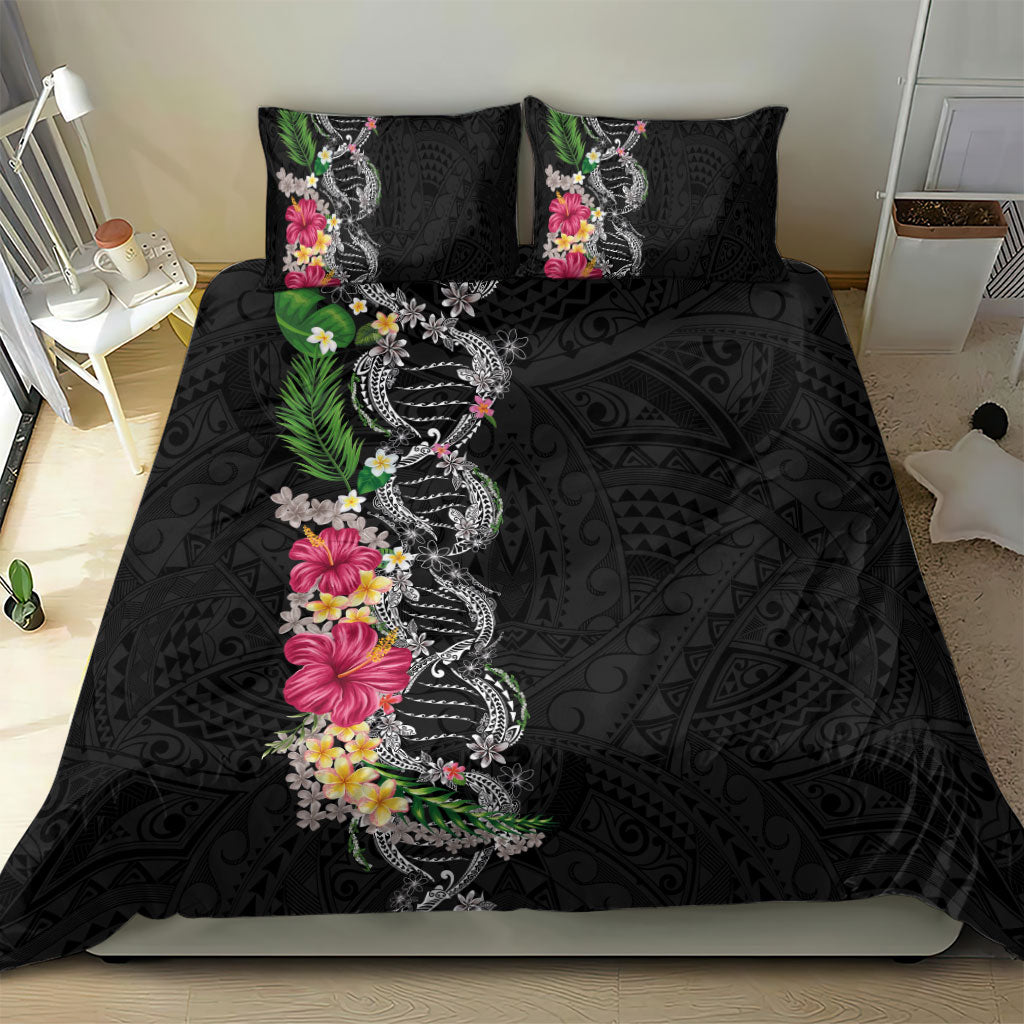 Hawaii DNA Kakau Tattoo Bedding Set with Plumeria and Hibiscus Tropical Plants Black Color LT03 - Polynesian Pride