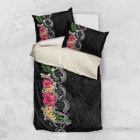 Hawaii DNA Kakau Tattoo Bedding Set with Plumeria and Hibiscus Tropical Plants Black Color LT03 US Twin 172cm x 218cm Black - Polynesian Pride